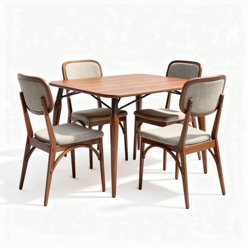 Wooden dining table set with upholstered chairs in natural finish 120 x 80 x 75cm