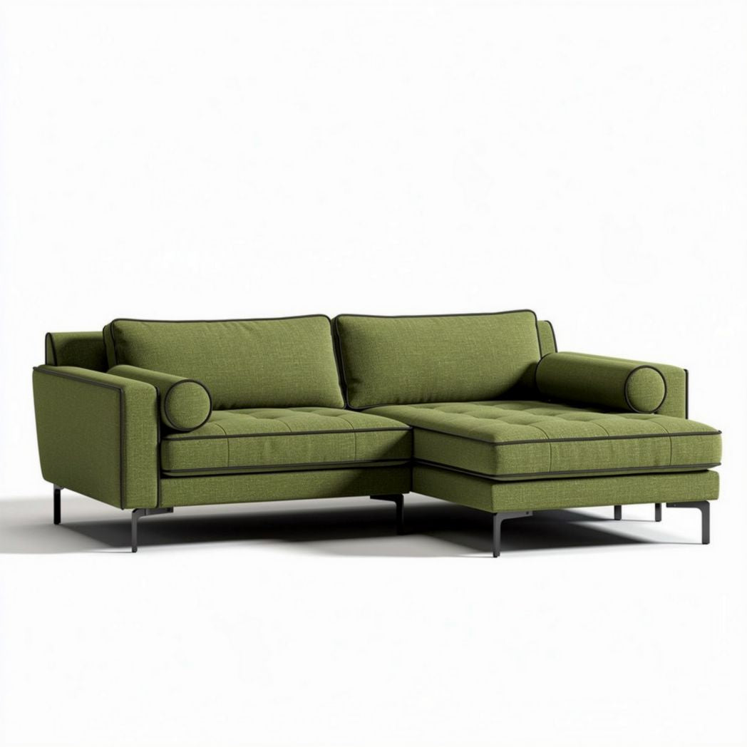 Mid-century modern l-shaped sofa in green fabric with metal legs 200 x 90 x 85cm