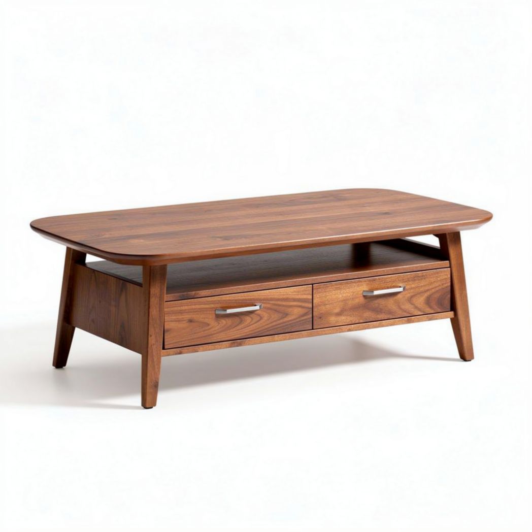 Mid-century modern wooden coffee table with two drawers 120 x 60 x 40cm