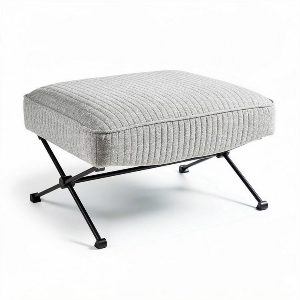 Gray upholstered ottoman with ribbed fabric and metal legs 60 x 60 x 40cm