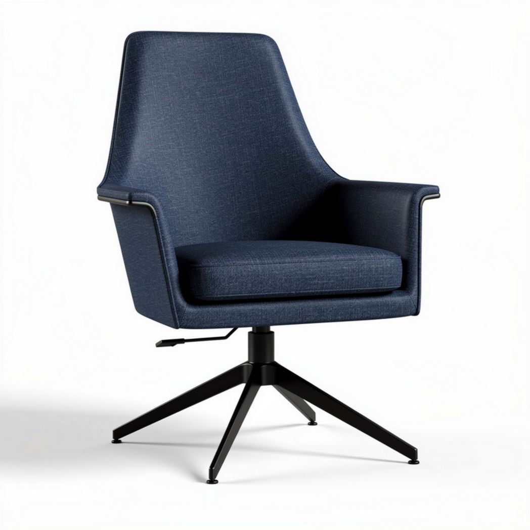 Swivel chair in navy blue fabric with black metal base measures 70 x 70 x 90cm
