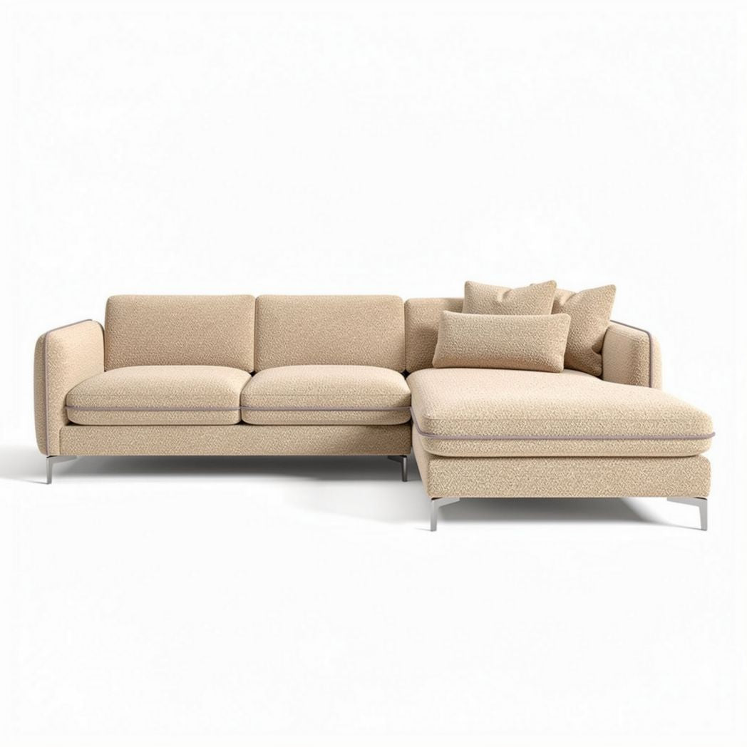 Modern L-shaped sectional sofa in beige fabric with chrome legs 200 x 90 x 85cm