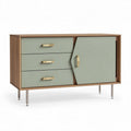 Mid-century modern sideboard cabinet with three drawers and one door in green and wood finish 120 x 45 x 75cm