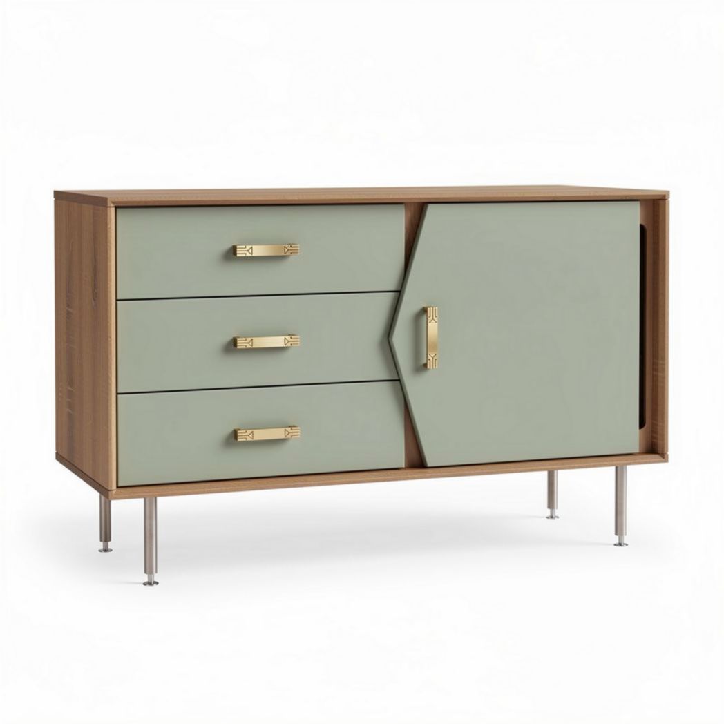 Mid-century modern sideboard cabinet with three drawers and one door in green and wood finish 120 x 45 x 75cm