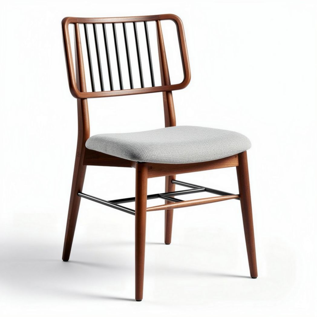 Wooden dining chair with black metal accents and grey upholstered seat 45 x 45 x 85cm