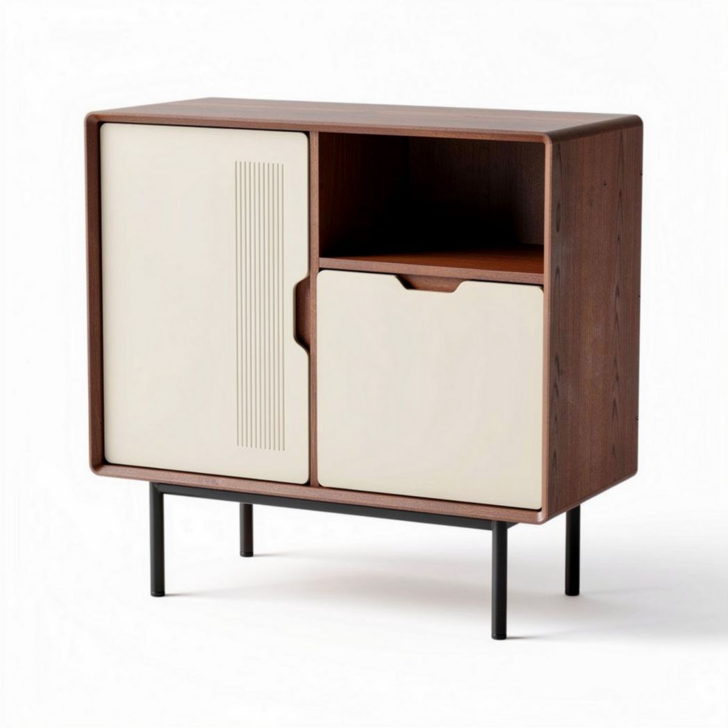 Wooden storage cabinet with metal legs and sliding doors 60 x 40 x 75cm